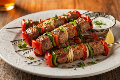 Vegetable lamb skewers cooked capican and onions